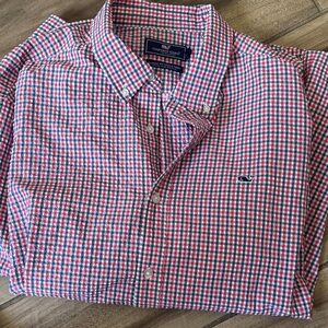 Vineyard Vines Men's Red and Blue Checkered Shirt
